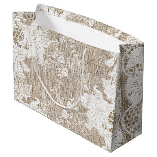 Vintage traditional rustic country burlap and lace large gift bag