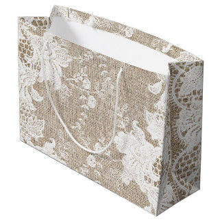 Vintage traditional rustic country burlap and lace large gift bag
