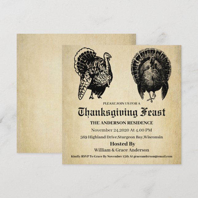 Vintage Traditional Turkey Thanksgiving Invitation (Front/Back)