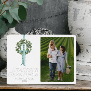 Vintage Traditional Wreath Ribbon Watercolor Photo Foil Holiday Card