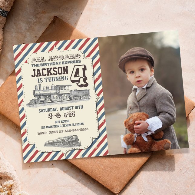 Vintage Train All Aboard Birthday Photo Invitation (Creator Uploaded)