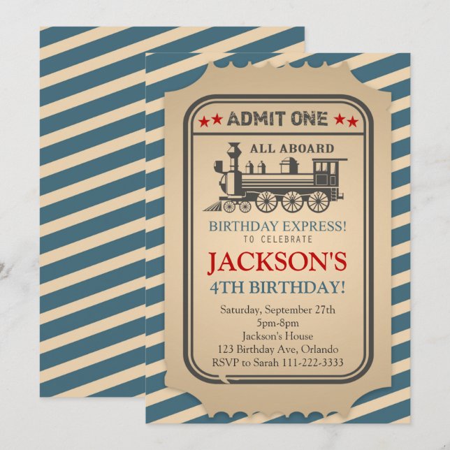Vintage Train Birthday Invitation (Front/Back)