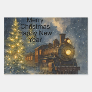 Vintage Train Christmas Snowy Night Watercolor Wrapping Paper Sheet