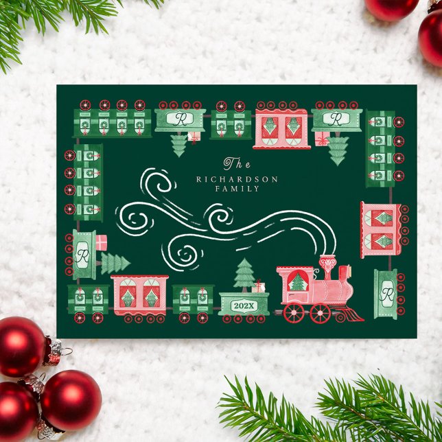 Vintage Train Christmas Tree Delivery Monogram Holiday Card (Vintage Train Christmas Tree Delivery Monogram Holiday Card)