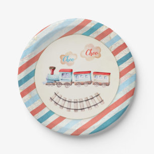 Vintage Train Chugga Choo Red Blue Boy Birthday Pa Paper Plate