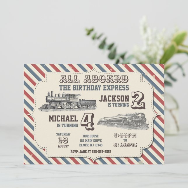 Vintage Train Joint Birthday Invitation (Standing Front)
