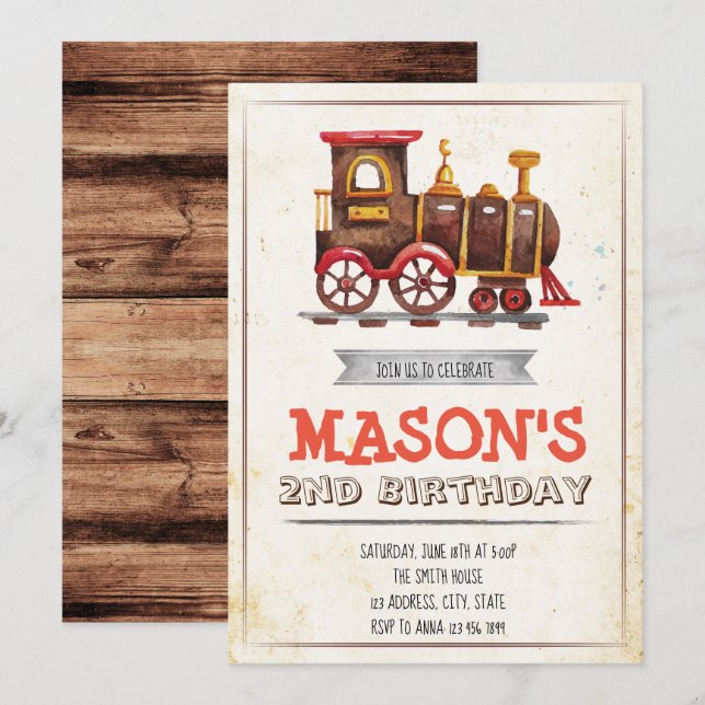 Vintage train party birthday invitation (Front/Back)