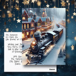 Vintage Train Personalised Christmas Postcard<br><div class="desc">Personalised Christmas postcard featuring an ai illustration of a vintage train travelling through a snowy village on a winter day.</div>