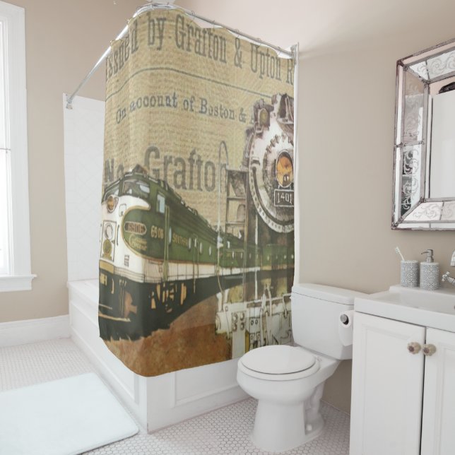 Vintage Train Print Shower Curtain (In Situ)