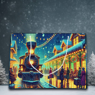 Vintage Train Station on Christmas Eve Snowy Night Large Gift Bag