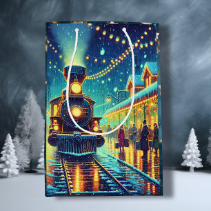 Vintage Train Station on Christmas Eve Snowy Night Medium Gift Bag