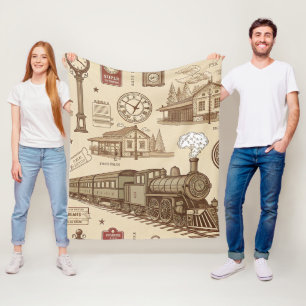 Vintage Train Station Pattern (1) Fleece Blanket