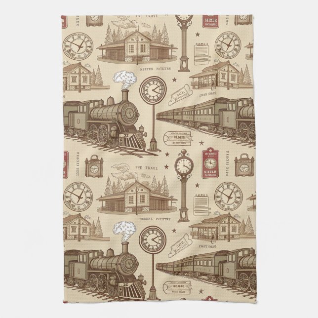 Vintage Train Station Pattern (1) Tea Towel (Vertical)