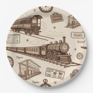 Vintage Train Station Pattern (2) Paper Plate