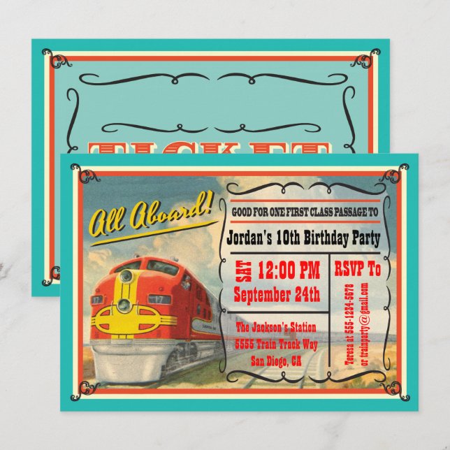 Vintage Train Ticket Birthday Party Invitation (Front/Back)