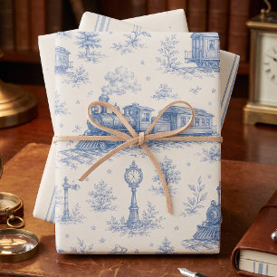 Vintage Train Toile Blue Wrapping Paper