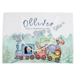 Vintage Train Transport Birthday Watercolor photo Large Gift Bag