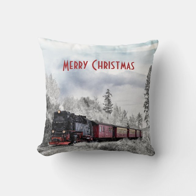 Vintage Train Travelling through Winter Landscape Cushion (Front)