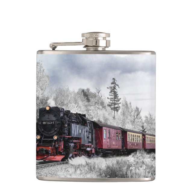 Vintage Train Travelling through Winter Landscape Hip Flask (Front)