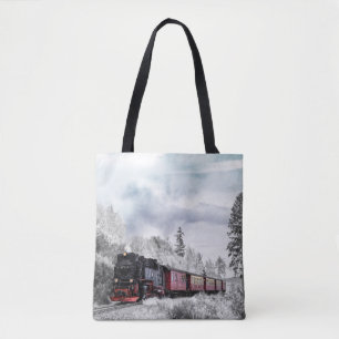 Vintage Train Travelling through Winter Wonderland Tote Bag