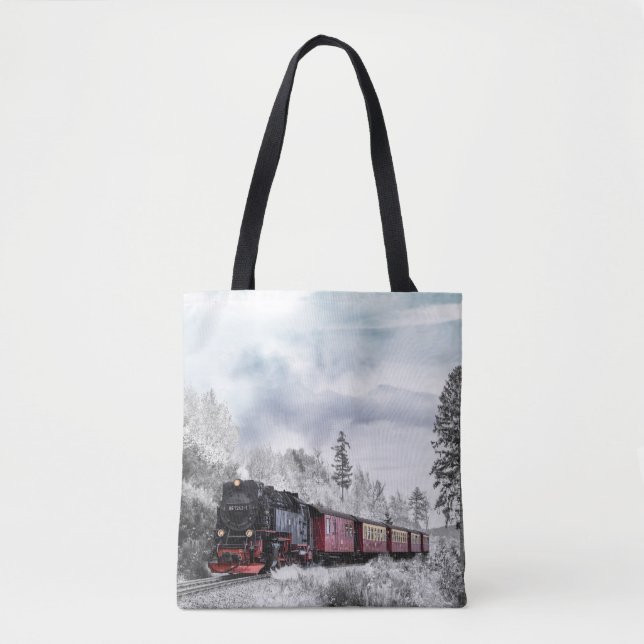 Vintage Train Travelling through Winter Wonderland Tote Bag (Front)