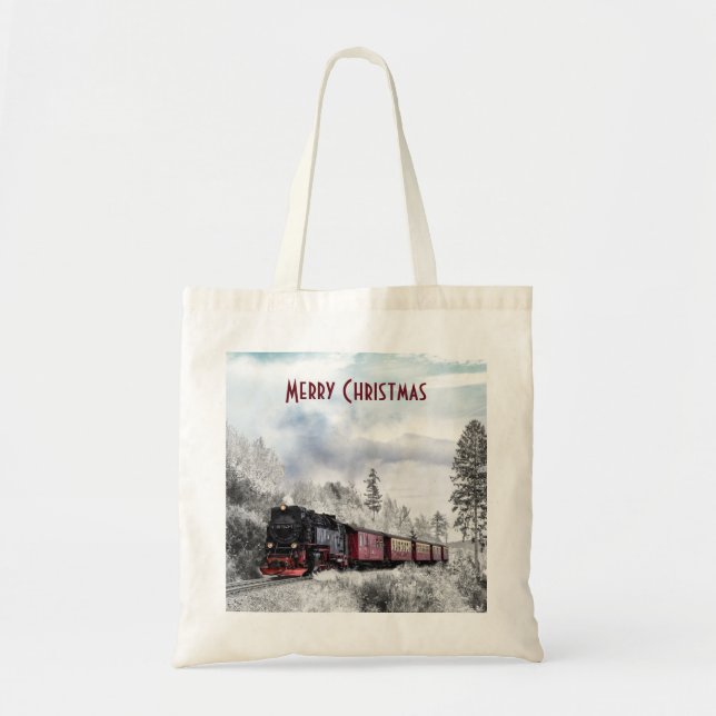 Vintage Train Travelling through Winter Wonderland Tote Bag (Front)