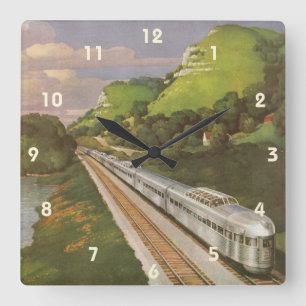 Vintage Train Vacation, Locomotive in Country Square Wall Clock