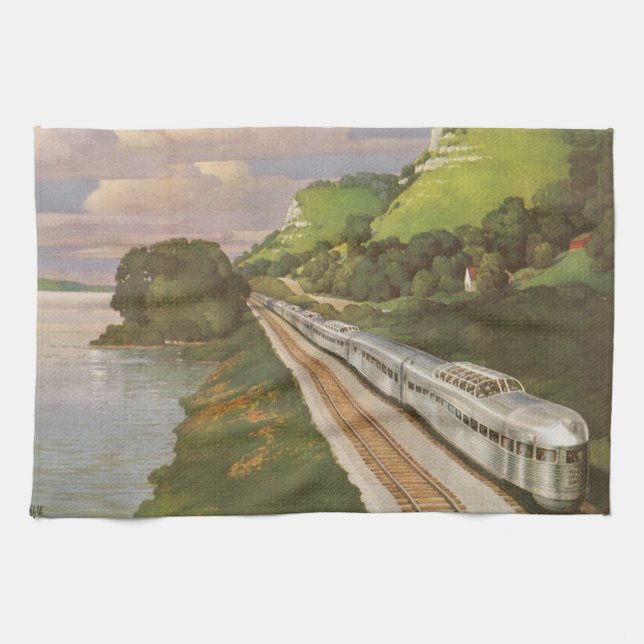 Vintage Train Vacation, Locomotive in Country Tea Towel (Horizontal)
