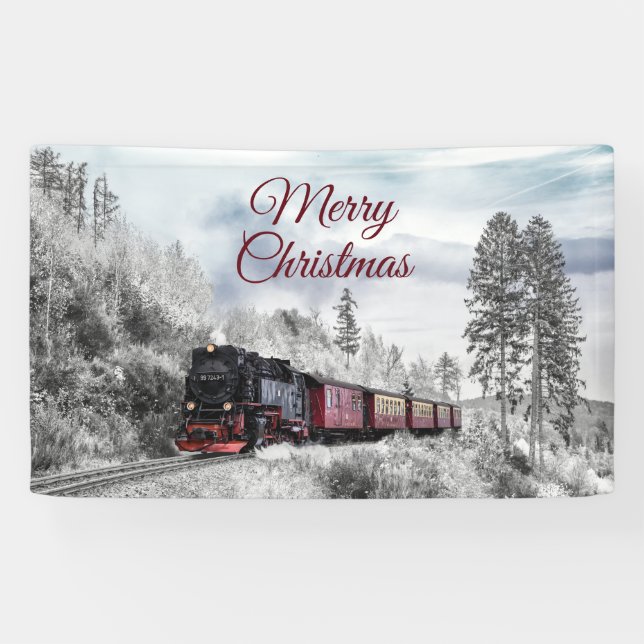 Vintage Train Winter Christmas Scene Banner (Horizontal)