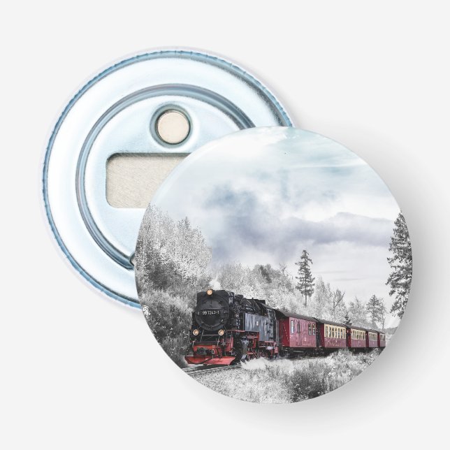 Vintage Train Winter Christmas Scene Bottle Opener (Front)