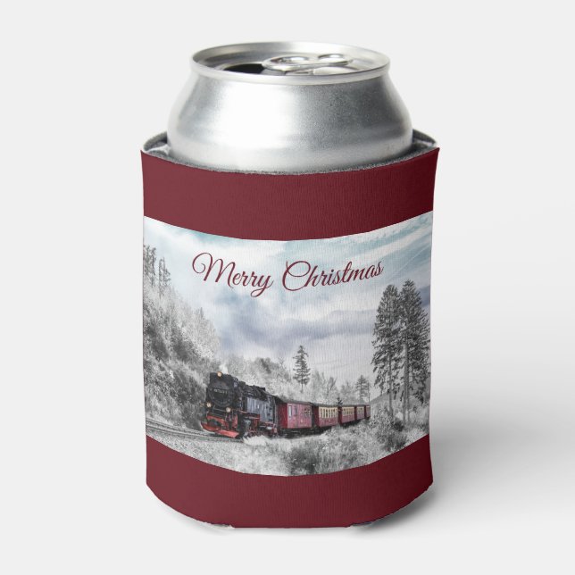 Vintage Train Winter Christmas Scene Can Cooler (Can Front)