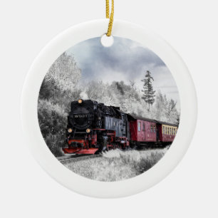 Vintage Train Winter Christmas Scene Ceramic Tree Decoration