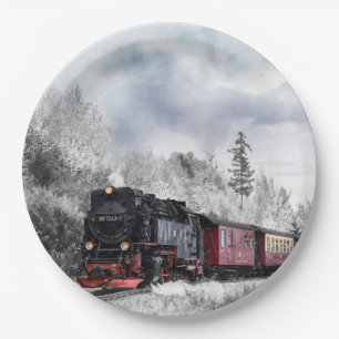 Vintage Train Winter Christmas Scene Paper Plate
