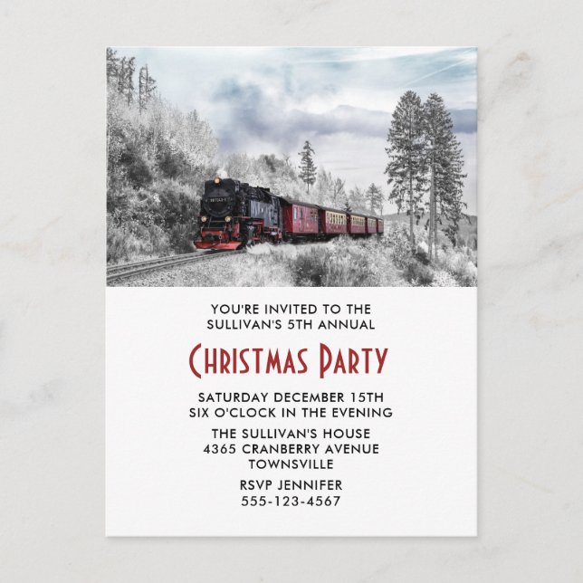 Vintage Train Winter Christmas Scene Party Invite Postcard (Front)