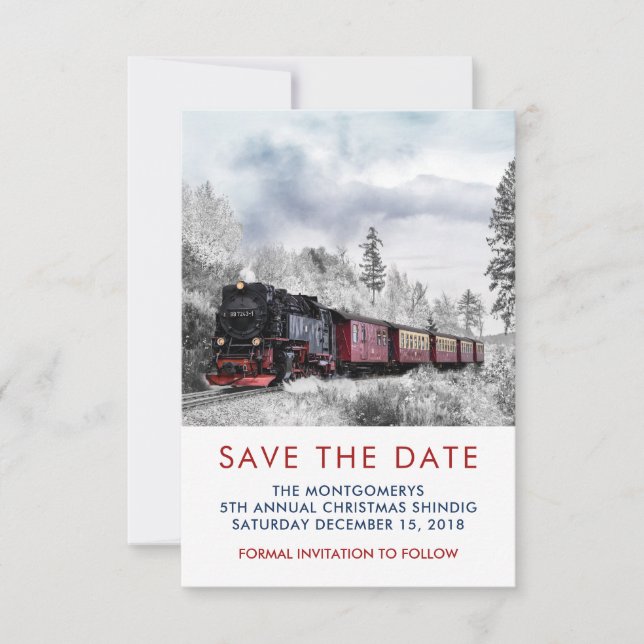 Vintage Train Winter Christmas Scene Save the Date (Front)
