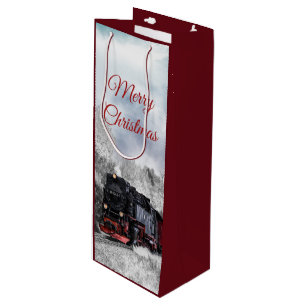 Vintage Train Winter Christmas Scene Wine Gift Bag