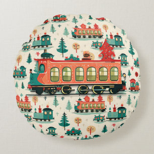Vintage Trains Christmas Round Cushion