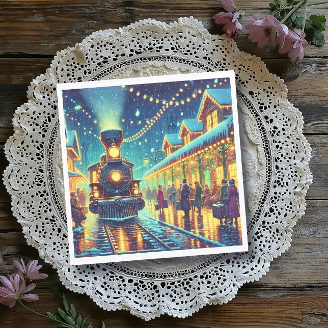 Vintage Trains on a Snowy Night Napkin (Creator Uploaded)