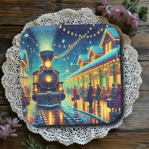 Vintage Trains on a Snowy Night Paper Plate