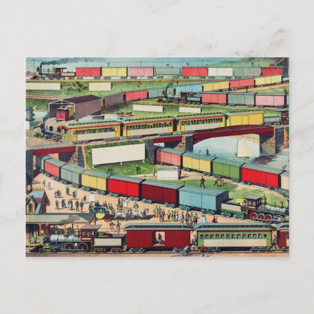 Vintage Trains Station Drawing Postcard (Front)