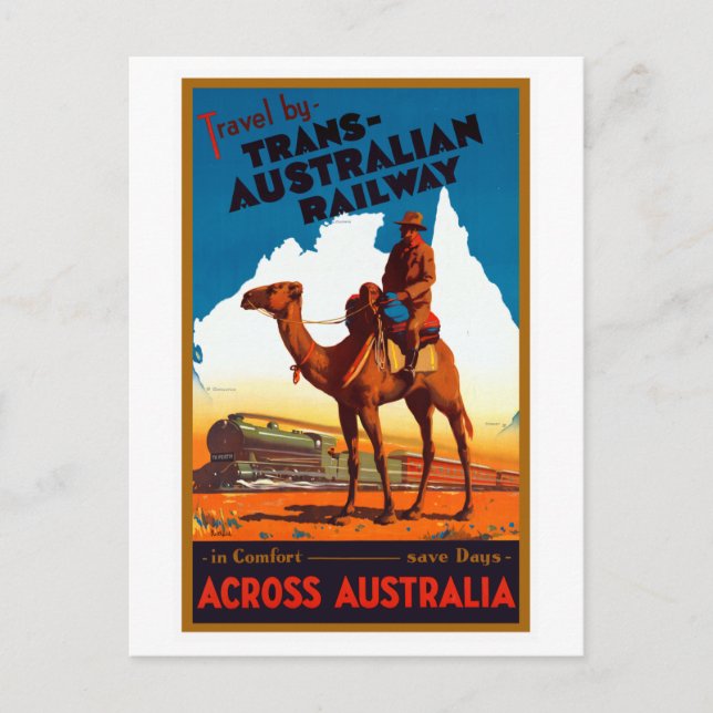 Vintage Trans-Australian Railway Travel Poster Postcard (Front)