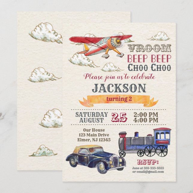 Vintage Transportation Birthday Invitation / Boy (Front/Back)