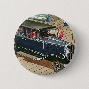 Vintage Transportation, Car on the Dock by Ocean 6 Cm Round Badge