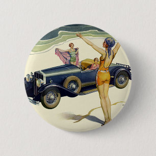 Vintage Transportation Convertible Car on Beach 6 Cm Round Badge