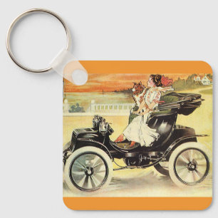 Vintage Transportation, Woman in Convertible Car Key Ring
