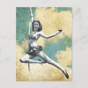 Vintage Trapeze Woman with Wine Postcard