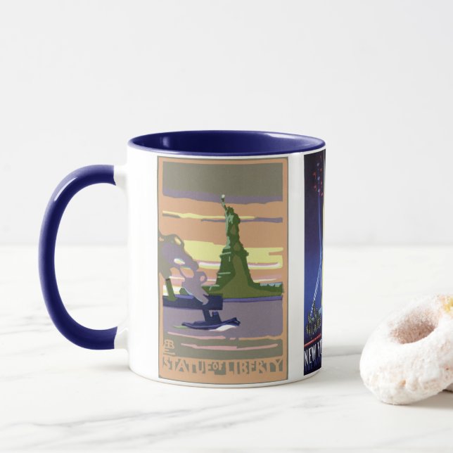 Vintage Travel 3 different New York City Landmarks Mug (With Donut)