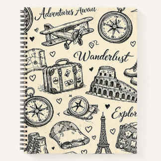 Vintage Travel Adventures Seamless Pattern Notebook