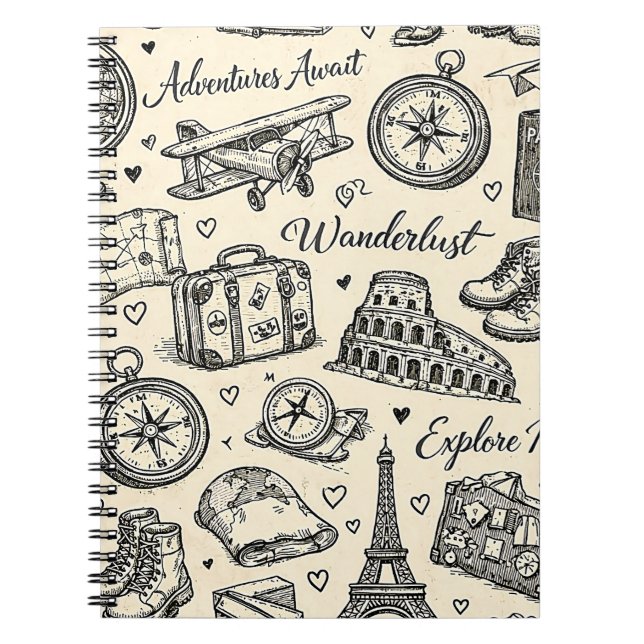 Vintage Travel Adventures Seamless Pattern Notebook (Front)