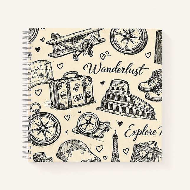 Vintage Travel Adventures Seamless Pattern Notebook (Front)